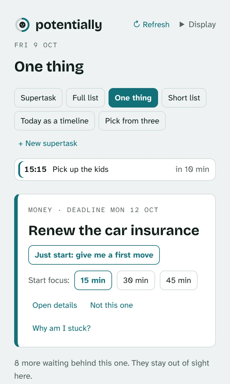 Potentially on a phone in the One thing view: one task, Renew the car insurance, with Just start and focus timer buttons, and the next appointment above it.
